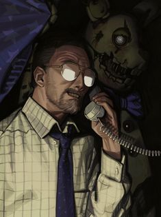 a man in a shirt and tie talking on a cell phone next to two creepy heads