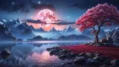 a pink tree sitting on top of a lake under a full moon