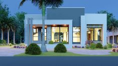 a rendering of a modern house with palm trees in the front yard and landscaping around it