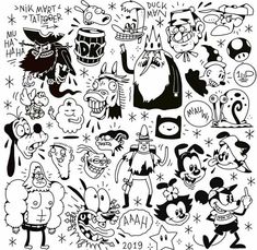 an image of various cartoon characters drawn in ink on white paper with the words tattooup written