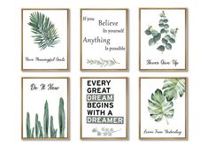 four framed art prints with green plants and sayings