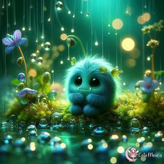 a cute little blue creature sitting in the grass with drops of water on its face