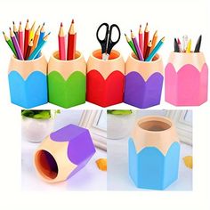 four different colored pencil holders with scissors and pencils in them