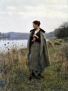 a painting of a woman standing in a field with sheep behind her and looking at the camera