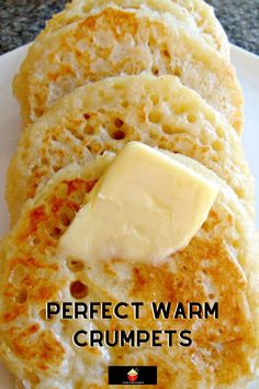 some type of food on a white plate with text that reads perfect warm crumpets