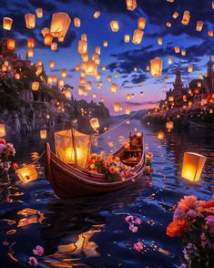 a boat floating on top of a lake filled with paper lanterns