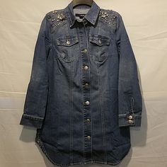 Brand New , Embellished Denim Jacket. Shoulders Front And Back Designed With A Variety Of Rhinestones Individually Sewn. Has 2 Front Pockets With Flaps At The Chest, And Two Side Fully Functional Pockets. Thick Denim Fabric, Excellent Quality. About 34 Inches Long. Shirt Hem. Very Beautiful And Unique. Embellished Denim Jacket, Embellished Denim, Long Shirt, Denim Fabric, Jean Coat, Denim Women, Jean Jacket, Denim Jacket, Jackets & Coats