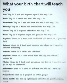 a piece of paper with words written on it that says, what your birth chart will teach you