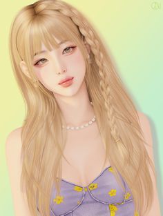 an animated image of a woman with long blonde hair wearing a purple top and pearl necklace