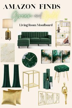 green and gold living room mood board with furniture, decor, and wall hangings