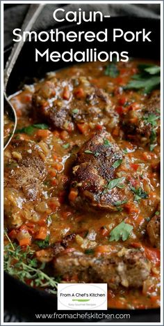 a skillet with meatballs and carrots in gravy on the side