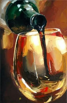 an oil painting of a wine glass with a bottle pouring it into it, on a brown background