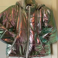 Club Exx | Jackets & Coats | Club Exx Iridescent Bomber Jacket With Hideaway Hood That Tucks Away With Velcro | Poshmark Colorful Windbreaker, Patagonia Puffer Jacket, Grey Puffer Coat, Oversized Puffer Coat, North Face Parka, Grey Puffer, Oversized Puffer, Quilted Parka, White Puffer