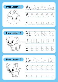 handwriting practice worksheet for children with animals and letters on blue background stock illustration