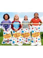 three children standing in front of two towels with the words party hop on them