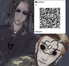 two people with black and white faces, one has a qr code on his face