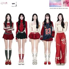 Cute Kpop Concept, Red Performance Outfits Kpop, Kpop Skirt Outfit, 5 Outfits Kpop, Kpop Party Outfit, Red Kpop Outfits, Kpop Group Outfits Ideas, Kpop 5 Members Outfit