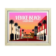 the venice beach california poster is hanging in a wooden frame with white trim and pink background