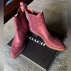 Shimmer Suede, Bordeaux Color Missing The Charms On The Back Of The Ankle Never Worn Original Box And Bag For Storage Included Coach Ankle Boots, Bordeaux Color, Coach Shoes, Bootie Boots, Original Box, Ankle Boots, Charms, Size 7, Women Shoes