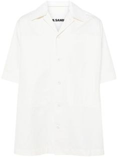 milk white cotton-silk blend layered design camp collar front button fastening short sleeves White Short Sleeve Shirt With Camp Collar And Pockets, White Short Sleeve Shirt With Pockets And Camp Collar, White Camp Shirt With Pockets And Camp Collar, White Johnny Collar Shirt For Spring, White Button-up Camp Shirt With Placket, White Short Sleeve Work Shirt With Pockets, White Lapel Collar Blouse For Summer, White Summer Blouse With Lapel Collar, White Blouse With Lapel Collar For Summer