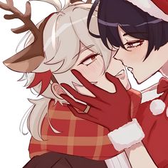 two anime characters hugging each other with christmas hats on