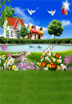 an image of a house with flowers in the foreground and birds flying over it