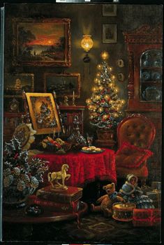 a painting of a christmas tree in a living room with other holiday decorations on the table