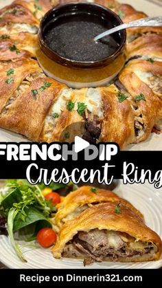 french dip crescent ring with cheese and meat in it on a white plate next to a salad