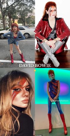 some people are doing different things in the same photo and one is dressed as david bowie