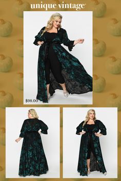 A dramatic and divine addition to your vintage wardrobe crafted in a beautiful black and teal velvet floral burnout, the breathtaking duster boasts a V-neck and elegant three-quarter length sleeves, embellished with ruffles. The maxi skirt sweeps to the floor while the open front allows for marvelous movement. Pair with the matching jumpsuit for a jaw-dropping opening act!.Jumpsuit Sold Separately..Available in sizes XS-5X while supplies last. | Unique Vintage Plus Size Black & Teal Floral Velvet Burnout Duster | Size 2X/18 Plus Size Morticia Dress, Plus Size Mom Christmas Photoshoot, Indo Western Dress For Plus Size, Indo Western Dress For Plus Size Women, Teal Velvet, Vintage Plus Size, Velvet Burnout, Vintage Wardrobe, Plus Size Black