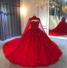 Wedding Dress With Cape, Tulle Ball Gown Wedding Dress, Red Ball Gowns, Crystal Wedding Dresses, Wedding Dress Black, Red Ball Gown, Dress With Cape, Red Quinceanera Dresses, Cape Wedding Dress