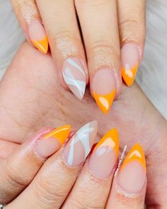 37+ Stylish Orange French Tip Nails That Will Turn Heads Neon Orange French Tips, Orange French Tip Nails Short, Nails Colored French Tip, Short Black French Tip, Short Black French Tip Nails, Orange French Tips, Orange French Tip Nails, Colored French Tip Nails, French Tip Nails With Design