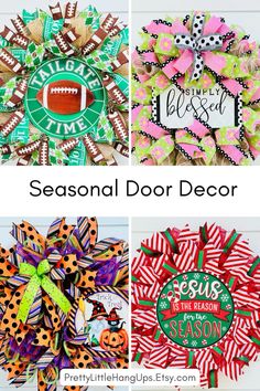 four different christmas wreaths with the words seasonal door decor