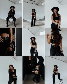 a collage of photos showing the different poses of a woman in black clothing and hat