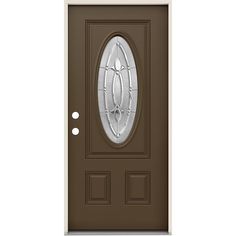 a black door with an oval glass and two round knobs on the front side