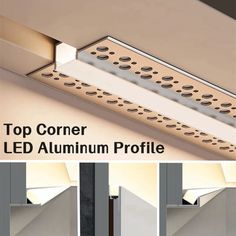 the top corner of an aluminum profile with four different lighting spots on each side and bottom corner