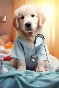 a dog with a stethoscope sitting on top of a bed