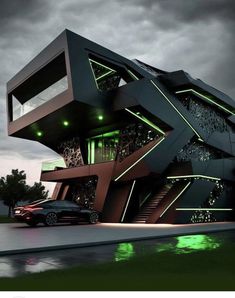 a car is parked in front of a building with green lights on the windows and stairs