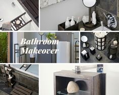 bathroom makeover photos with bathtub, toilet and sink in various stages of being displayed