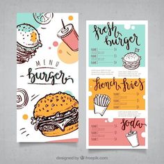 two menus with hand drawn food items on the front and back side, one for burger