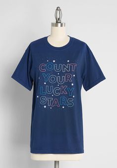 Count Your Lucky Stars Graphic Tee | ModCloth Count Your Lucky Stars, Navy Blue Graphic Tee, Vintage Style Swimwear, Stars Graphic, Blue Graphic Tee, An Attitude Of Gratitude, Casual Dresses Plus Size, Midi Dress Plus Size, Block Letters