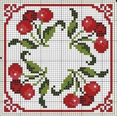 a cross stitch pattern with red flowers and leaves on the center, as well as green stems