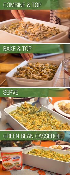 four different pictures showing how to bake and top green bean casserole in the oven