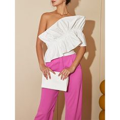 F00162209-102 Chic White Tops With Asymmetrical Neckline, Chic White Top With Asymmetrical Neckline, Elegant Asymmetrical Top With Ruffles, Elegant Asymmetrical Ruffled Tops, Casual Asymmetrical Ruffle Tops, Casual Asymmetrical Ruffled Tops, Chic Cotton One Shoulder Top For Spring, Fitted Blouse With Asymmetrical Hem For Day Out, Casual One-shoulder Ruffled Blouse