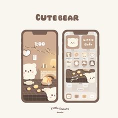 two iphones with cute bears on them, one is showing the screen and the other has