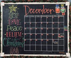 a chalk board with writing on it that says december, love peace believe christmas and santa's sleigh