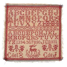 an old fashioned cross stitch sample with the letters and numbers in red on white background