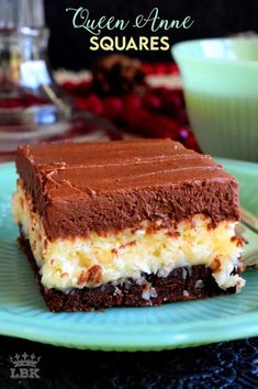 a piece of cake sitting on top of a green plate