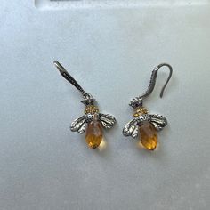 Drop Earrings In The Shape Of Honey Bees With Amber Colored Crystal. Great Details! Never Worn! Comes With Bag And Box Bumble Bee Earrings, Honey Bee Earrings, Bee Pictures, Bee Earrings, Honey Bees, Amber Color, Earrings Color, Color Crystal, The Shape