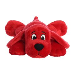 a red stuffed dog with eyes wide open